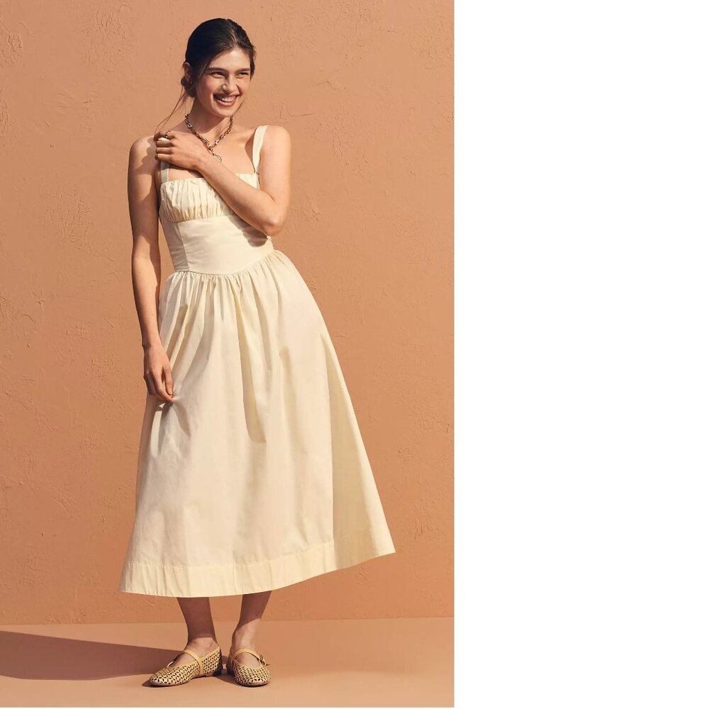 By Anthropologie Drop-Waist Ruched Midi Dress XL yellow new with tag